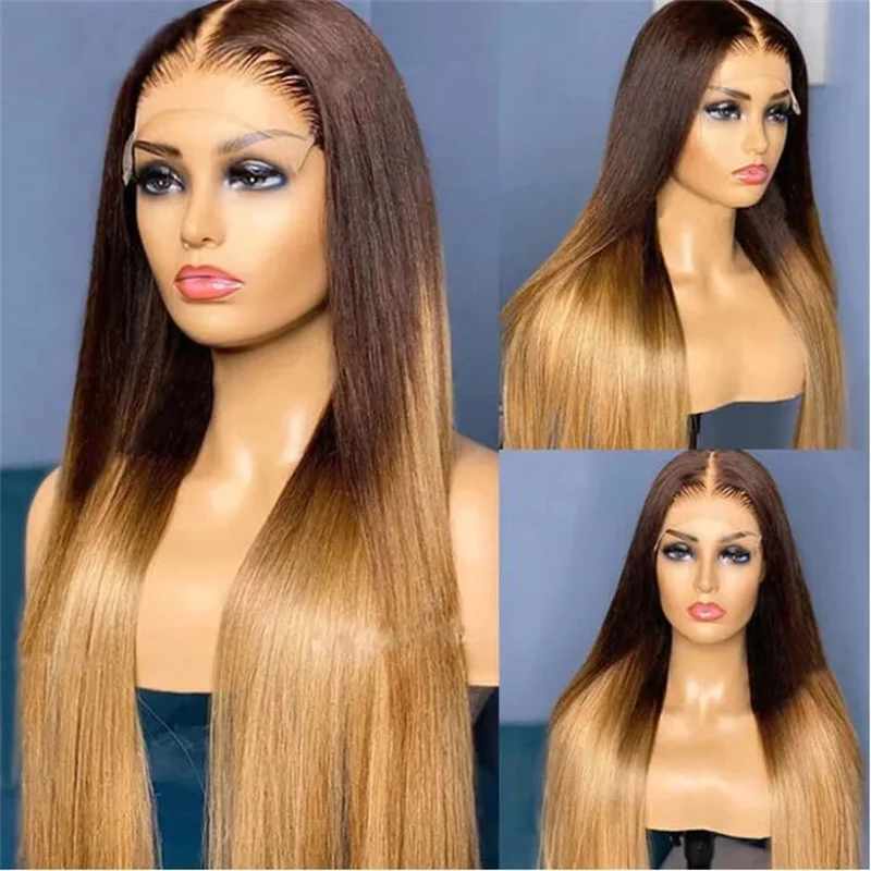 

26Inch Ombre Blond Soft Preplucked 180%Density Long Silky Straight Lace Front Wig For Women With BabyHair Heat Resistant Daily