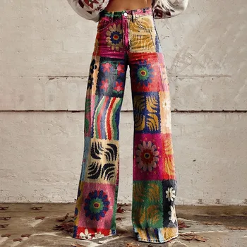 Loose Fit Comfort Vintage Wide Leg Imitation Jeans Fashion High Waisted Casual Pants 90s Floral Printed Baggy Trousers Women
