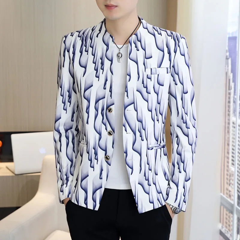 

Print Men Blazer Small Suit Male Stand Up Collar Tunic Casual Suit Jacket Youth Men Fashion Blazer Coat Jacket Hombre M-3XL