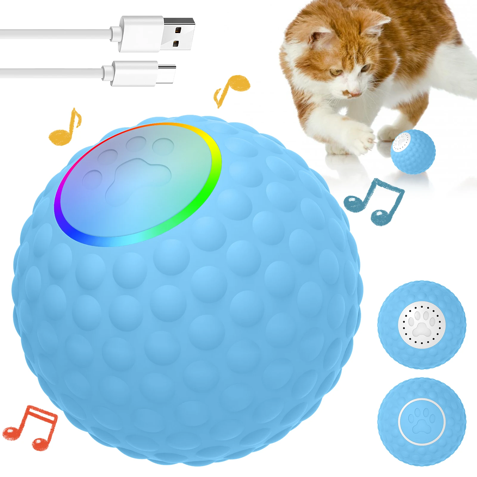 

Smart Interactive Cat Toy with LED Lights 250mAh Rechargeable Cat Smart Ball 2 Modes Rolling Bouncing Automatic Interactive