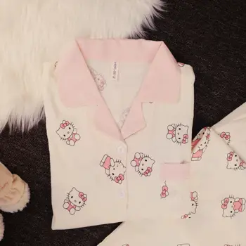  طقم بيجامات هالو كيتي للسيدات 2026 جديد لربيع وخريف بأكمام طويلة ملابس نوم مطبوعة برسوم كارتونية لطيفة ملابس منزلية بدلة خريف يابانية أنيمي 2