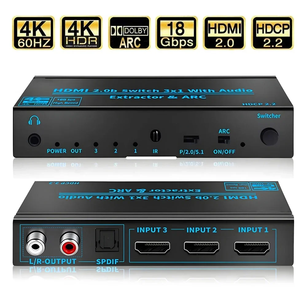 HDMI-Compatible 3x1 Switcher Converter Audio Extractor for PS5 Xbox TV Laptop,4K 60Hz