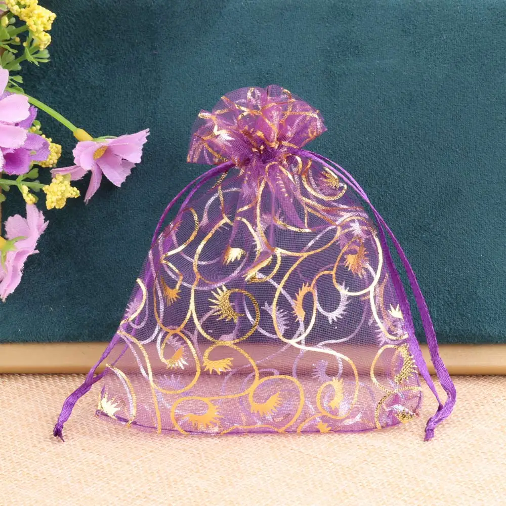 25pcs/lot Gold Color Pattern Organza Gift Bag Wedding Candy Bags Colorful Jewelry Packing Drawstring Pouch Wholesale