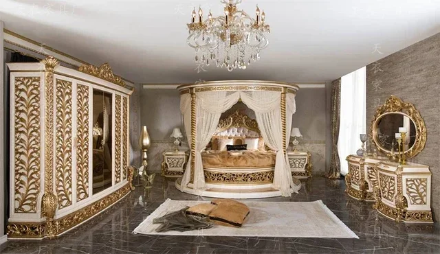 European Luxury Round Bed Castle Wood Bedroom Wedding Double Bed Comfortable Adult High Quality Letto Matrimoniale Furniture 1