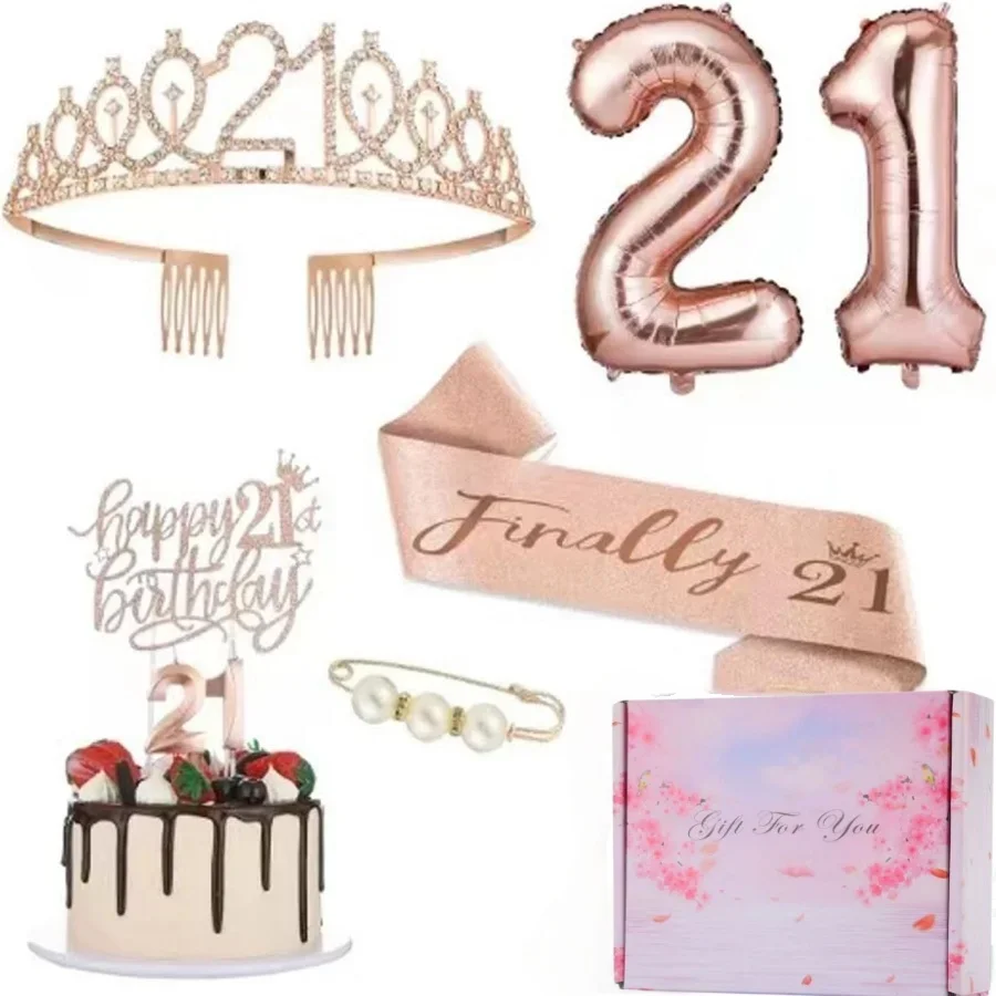 13th Birthday Decorations - Rose Gold Tiara Sash Set 8Pcs/Set 13 16 18 21 30 40 50 60 70 80 Birthday Party Crown Sash Cake Balloons Candles Decoration with Gift Box for Women 4