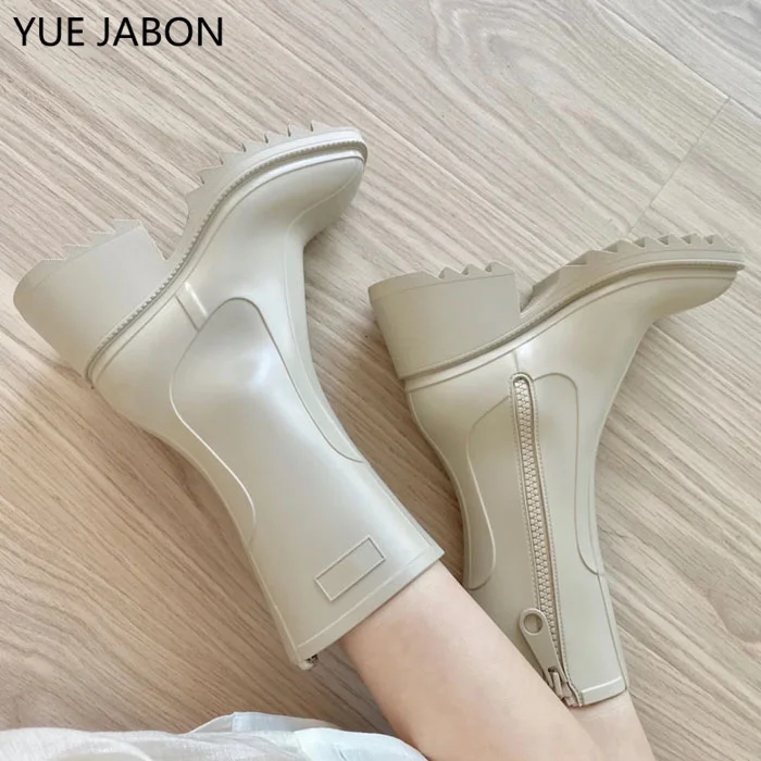

White Black Women Goth Platform Chunky High Heeled Boots Side Zipper Non Slip Ankle Boots Punk Motorcycle Short PVC Rain Boots
