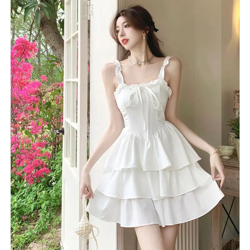 

2024 Sweet Party White Dress Fashion Solid A Line Tierred Spaghetti Strap Female Sundress Retro Black Dress Cute Lolita Vestido