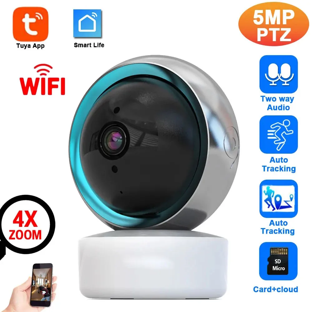 

5MP 360° PTZ WIFI Camera 4X Digital Zoom AI Human Tracking Indoor Secuity CCTV Surveillance IP Camera Tuya Smart Life Camera