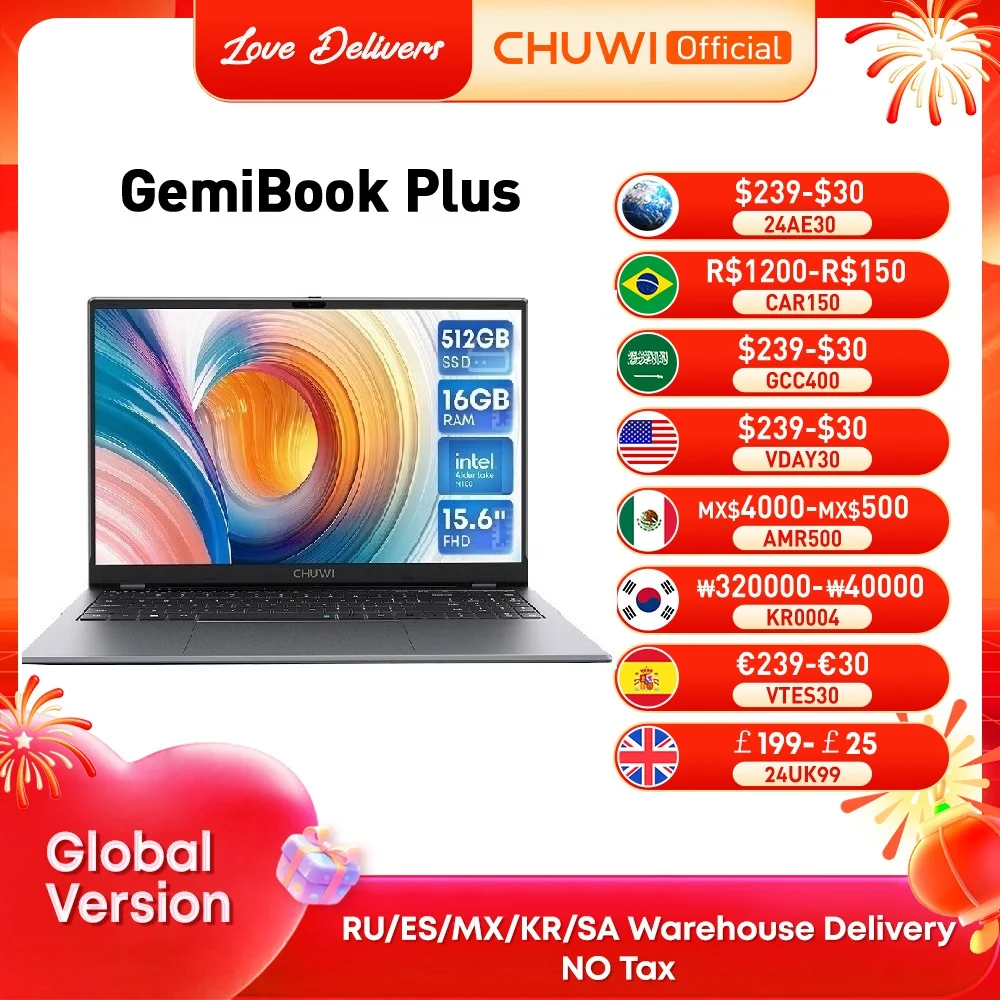 Chuwi Gemibook Plus 15.6 ''Laptop 16Gb Ram 512Gb Ssd Computer Windows 11 Laptop 12Th Gen Intel Alder Lake N100 (Fino A 3.4Ghz)