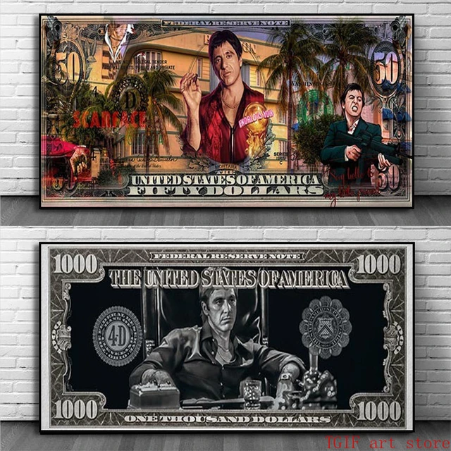 Tony Montana Scarface Series Character 50 Dollar negro blanco lienzo  pintura póster gángster película Al Pacino dormitorio decoración del hogar  - AliExpress