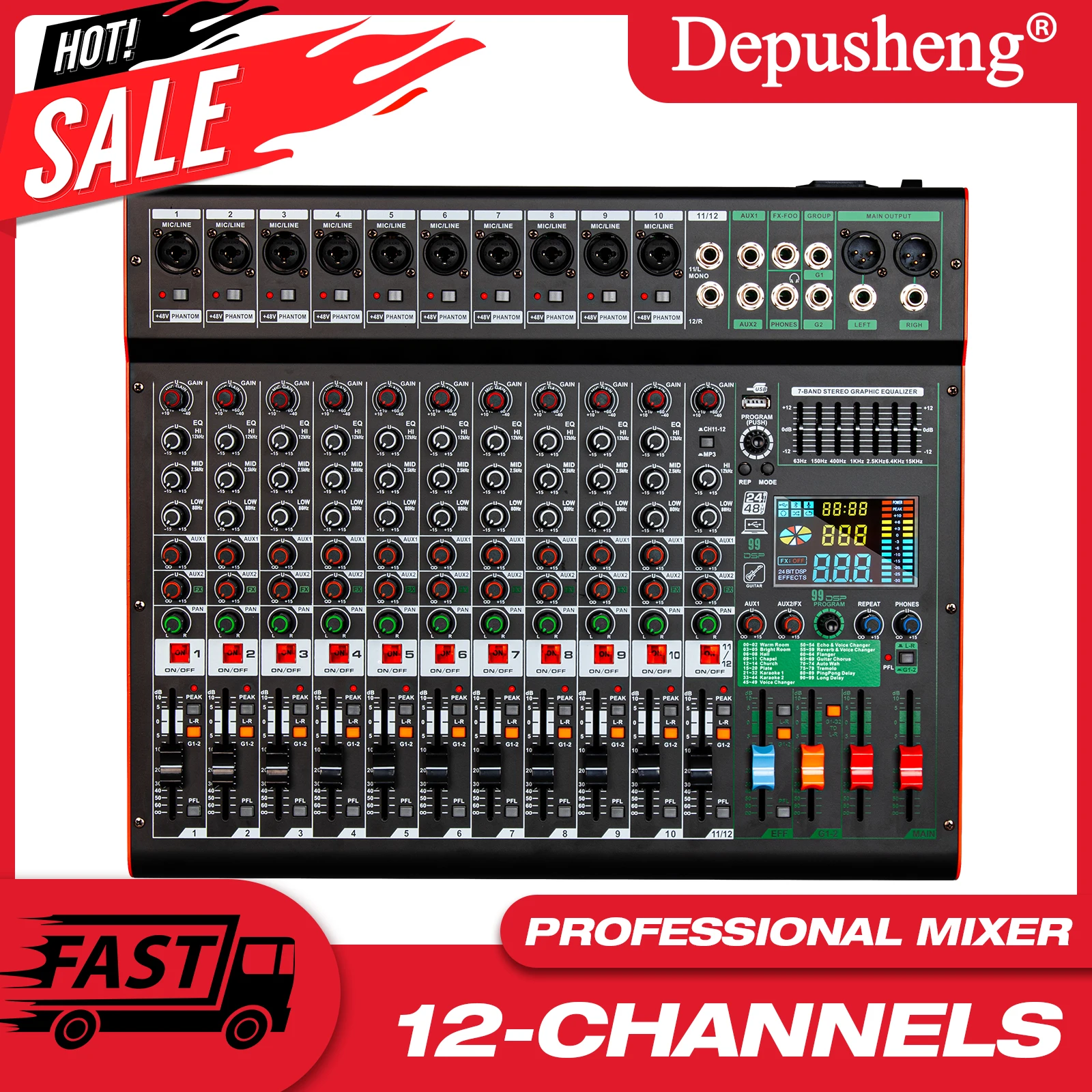 Professional Audio Mixer Depusheng TC12 99DSP 12 Channel Dual