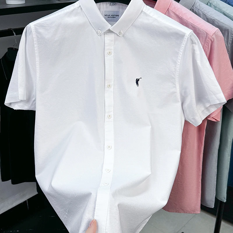 Solid Color Cotton Embroidered Small Horse Logo Shirt, Men's Short Sleeved Casual Versatile High-end Spring and Autumn Shirt