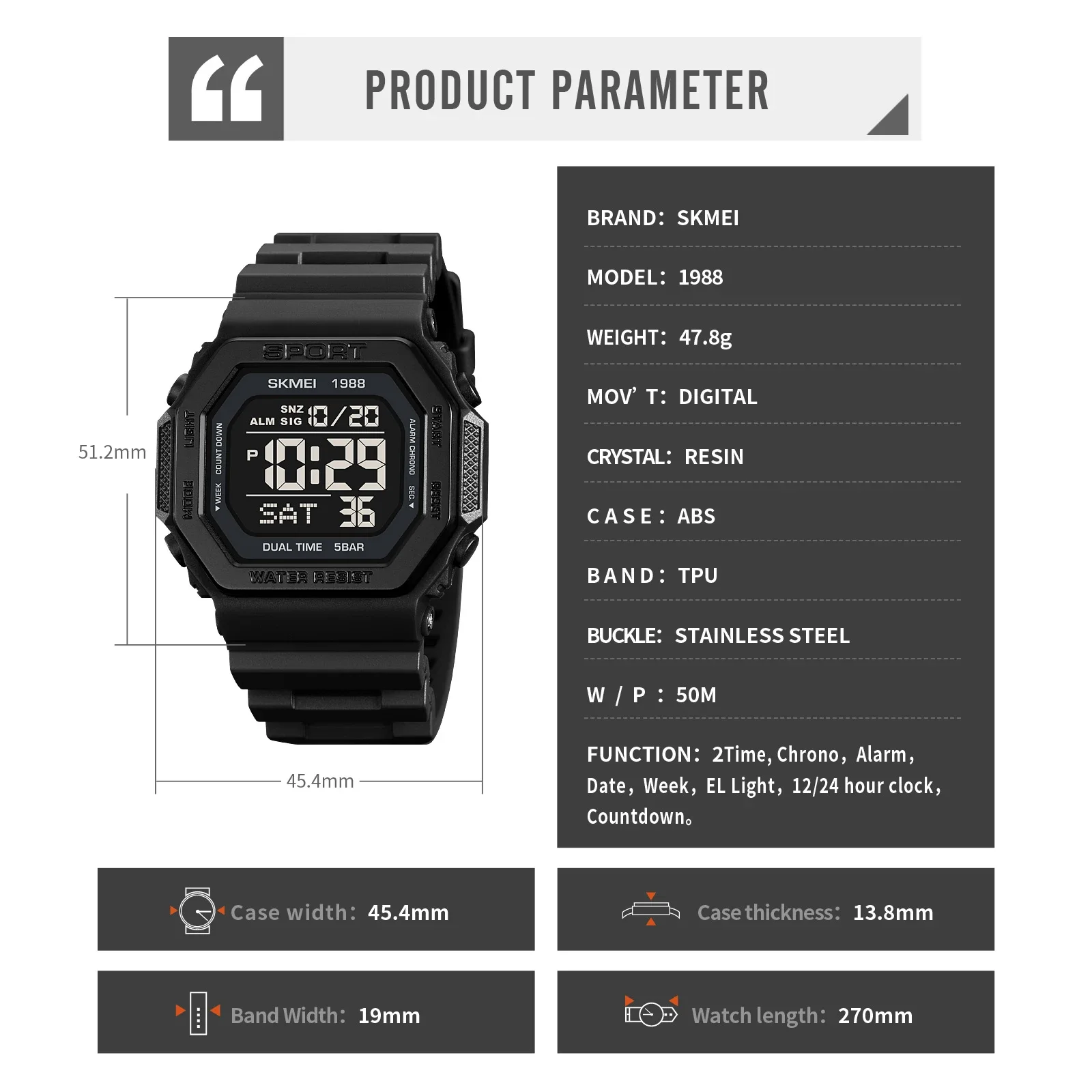 Skmei Mens Military Countdown Chrono Wristwatch 5Bar Waterproof Alarm Clock Reloj Hombre Back Light Digital Sport Watches 1988 6