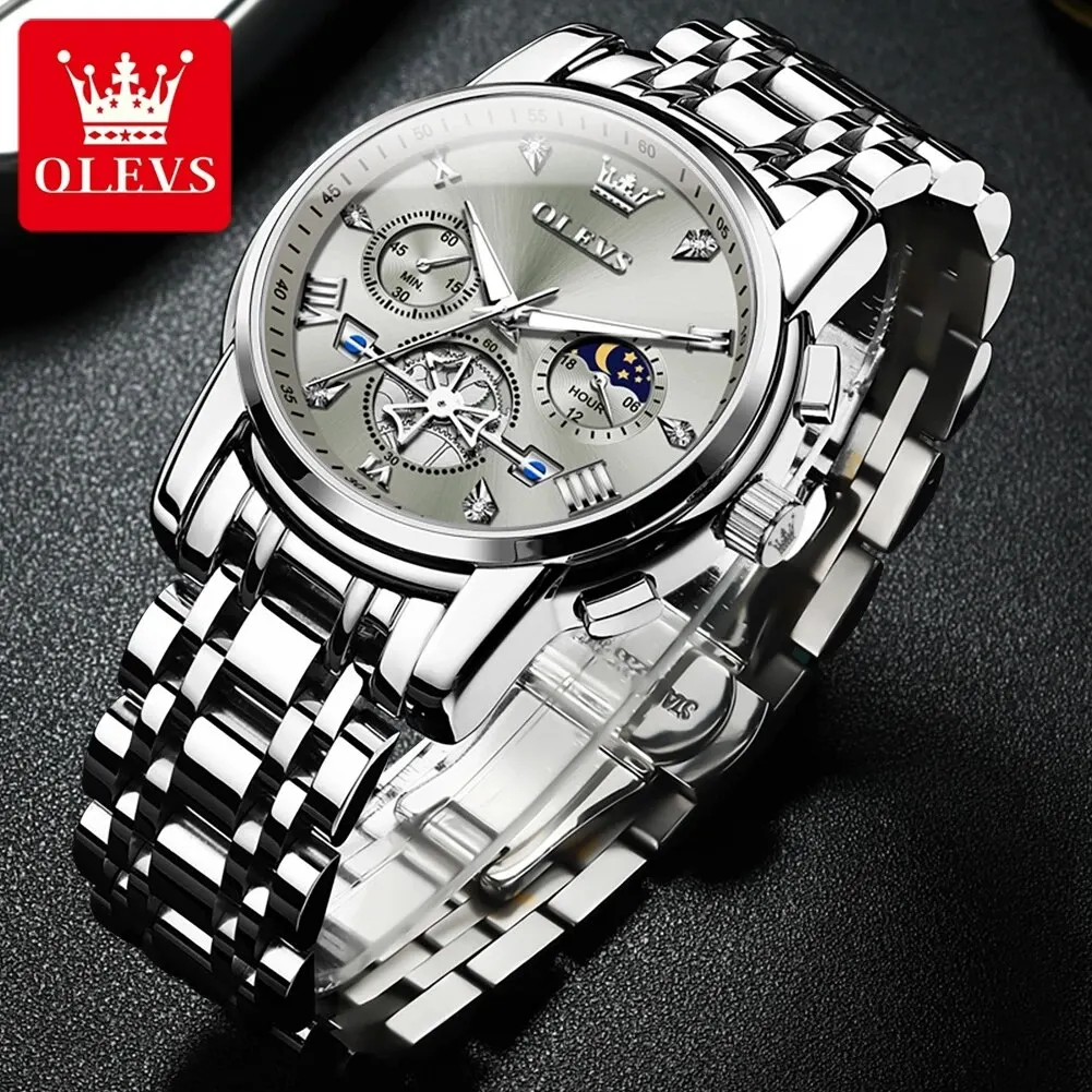 OLEVS Men's Luxury Quartz Wristwatch - Moon Phase Chronograph, Waterproof & Luminous