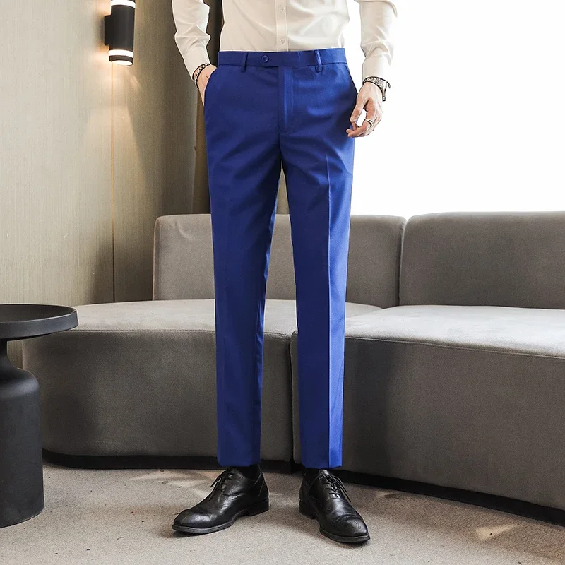 Men Pants Business Casual Office Wedding Formal Trousers Solid Color Slim Fit Suit Pants 29-40