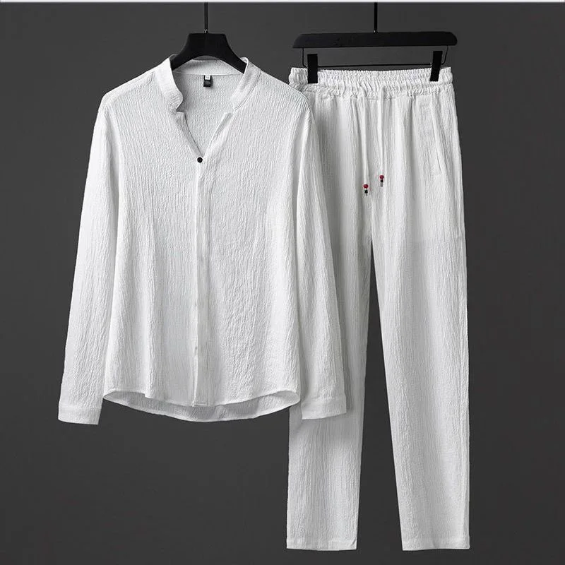 2Pcs/Set Summer Men's Suit Long Sleeve Pleated Casual Tracksuit Men Sportswear Man Shirts Pants Set Male Clothing Two Piece Set maternity clothes pregnancy dress for spring 2022 new fashion turn collar dot pattern pleated long sleeve knee length vestidos