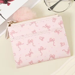 Women's Minimalist Short Wallet with Pom - Pom Charm and Bow Print (PINK)