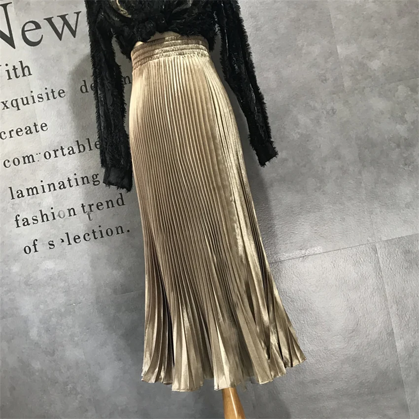 

Gowyimmes New Autumn Winter Vintage Women High Waist A-line Skirt Lady Midi-long Metallic Pleated Skirts Bottomings Mujer PD1444