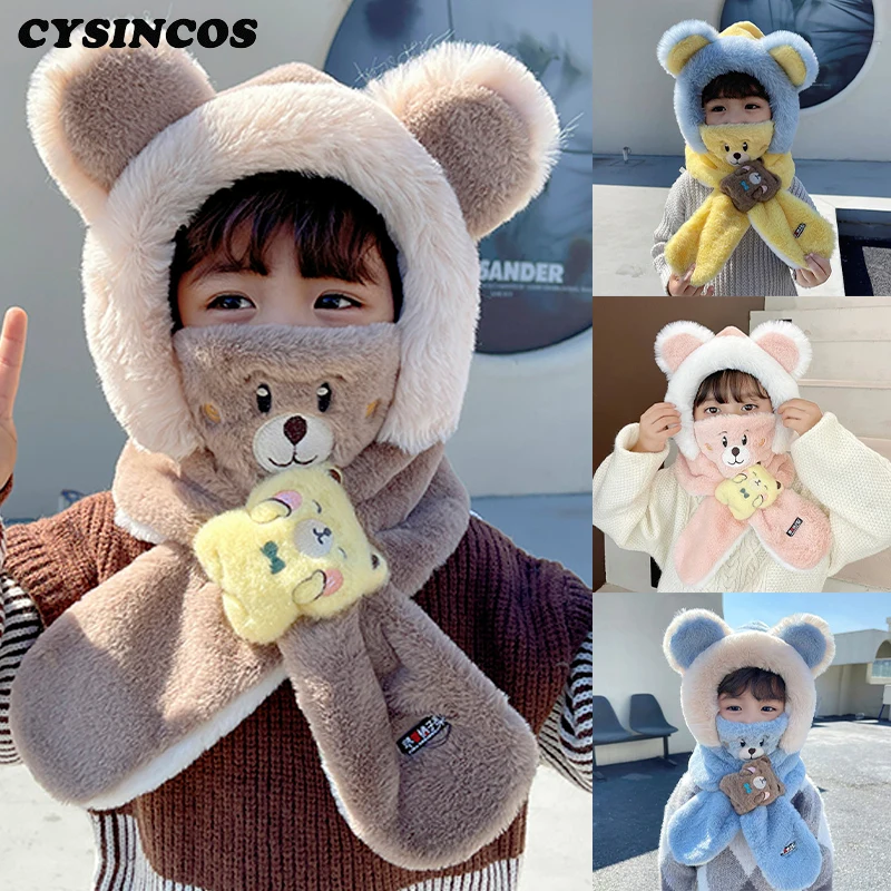

Autumn and Winter NEW Children's Hats Scarves and Masks Three-piece Plush Warm Baby Ear Protection Cap Plush Hat 1-8 Years