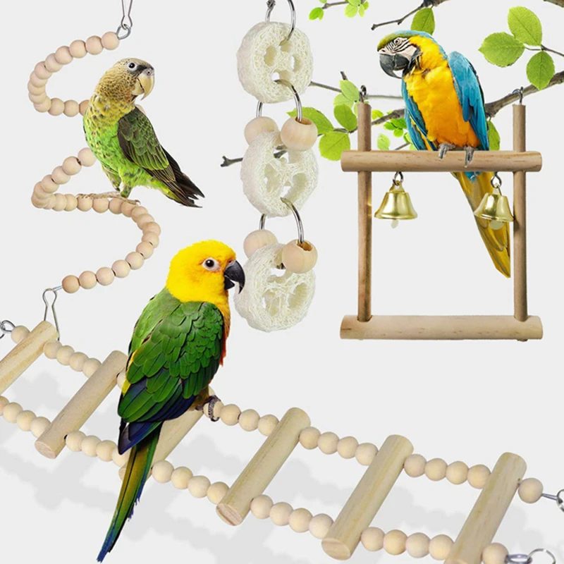 8Pcs Bird Cage Toys For Parrots Wood Birds Swing Reliable Chewable Bite Bridge Wooden Beads Shape Parrot Toy Bird Toys Set parrot toy,bird toy,bird cage accessories,bird swing toy