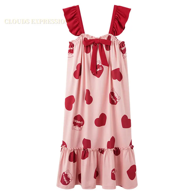 Summer M-3XL Knitted Cotton Night Dress Cartoon Print Womens Nightgowns Sleepshirts Girls Nightgowns Kawaii Homewear Nightdress