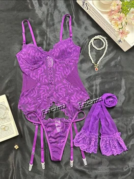 Lingerie fantaisie Sexy sous-vêtements en dentelle 3 pièces Transparent épissé soutien-gorge et culotte ensemble jarretière intime Sexy sous-vêtements pour femmes Lingerie