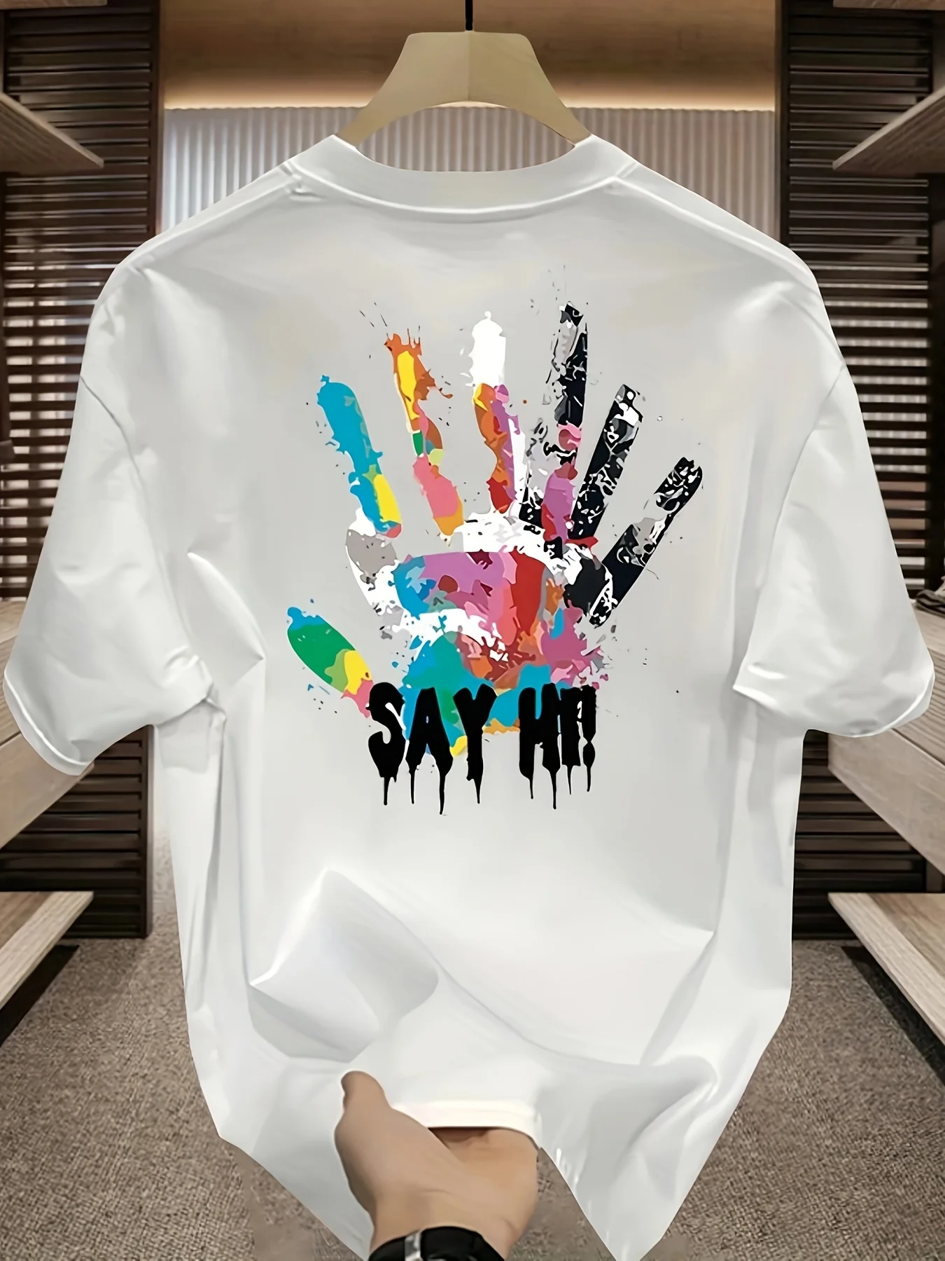 تي شيرت رجالي صيفي 100 قطن كاجوال رياضي فضفاض مقاس كبير وبصمة يد ملونة ورقبة دائرية وأكمام قصيرة