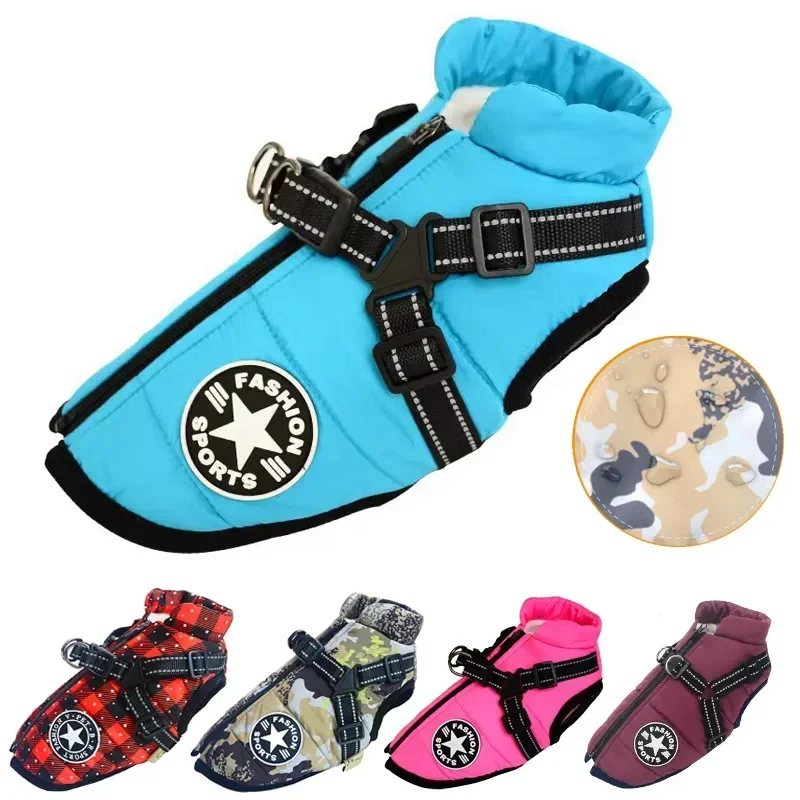 

Large Pet Dog Jacket With Harness Winter Warm Dog Clothes For Labrador Waterproof Big Dog Coat Chihuahua French Bulldog Outfits