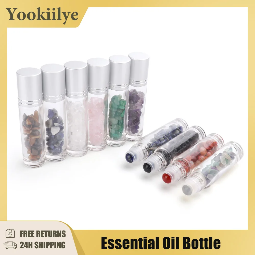 

10pcs Natural Gemstone Roller Bottles for Essential Oils Refillable Roll-On Healing Crystal Bottles Chips Semiprecious Stones