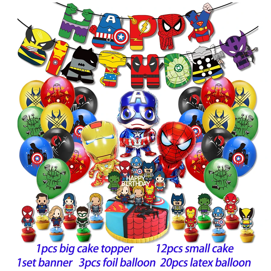 thumbnail image 1 of Decoración para fiesta de cumpleaños de superhéroes Globo de Los Vengadores Spiderman Iron Man Hulk Suministros para fiesta Vajilla Banner Telón de fondo, 1 of 5