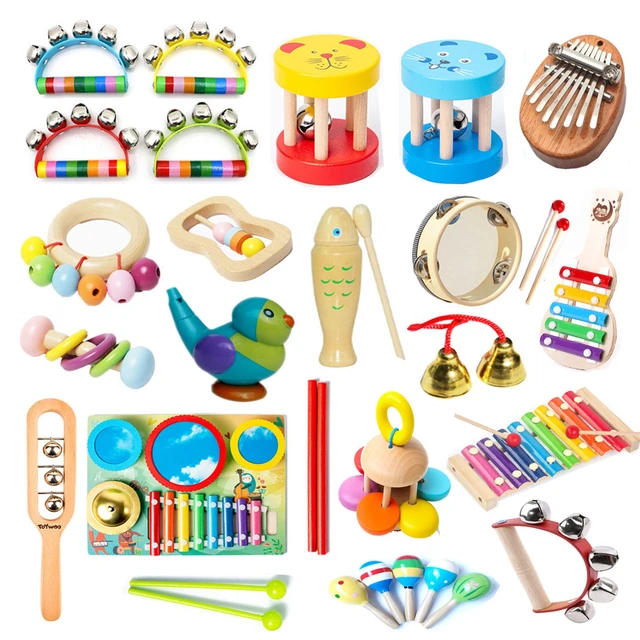  Juego de instrumentos musicales, juguetes musicales de madera,  pandereta de bebé de percusión, campanilla de muñeca de madera para bebés  de más de 3 años, educación preescolar, juguetes musicales de aprendizaje