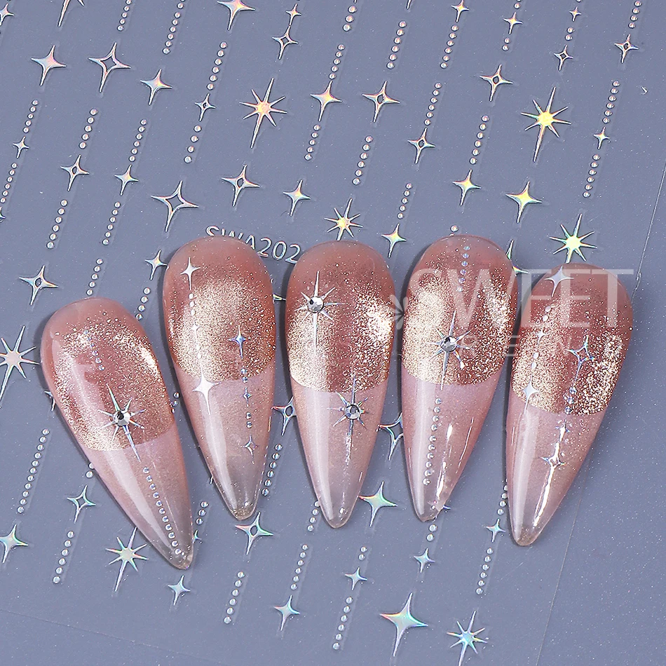 5pcs 금속 레이저 스타 네일 스티커 여성용 자체 접착 블랙 화이트 골드 실버 스타 네일 데칼 DIY 아트 장식 액세서리
