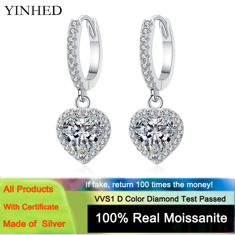 

YINHED D Color Heart Shape Moissanite Loop Earring 925 Sterling Sliver Plated Platinum PT950 Wedding Earrings for Women Jewely