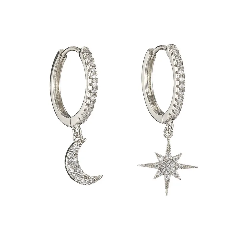 Delicate Silver Color Cubic Zircon Star & Moon Drop Pendant Hoop Earrings for Women New Trendy Wedding Earring Jewelry Gifts