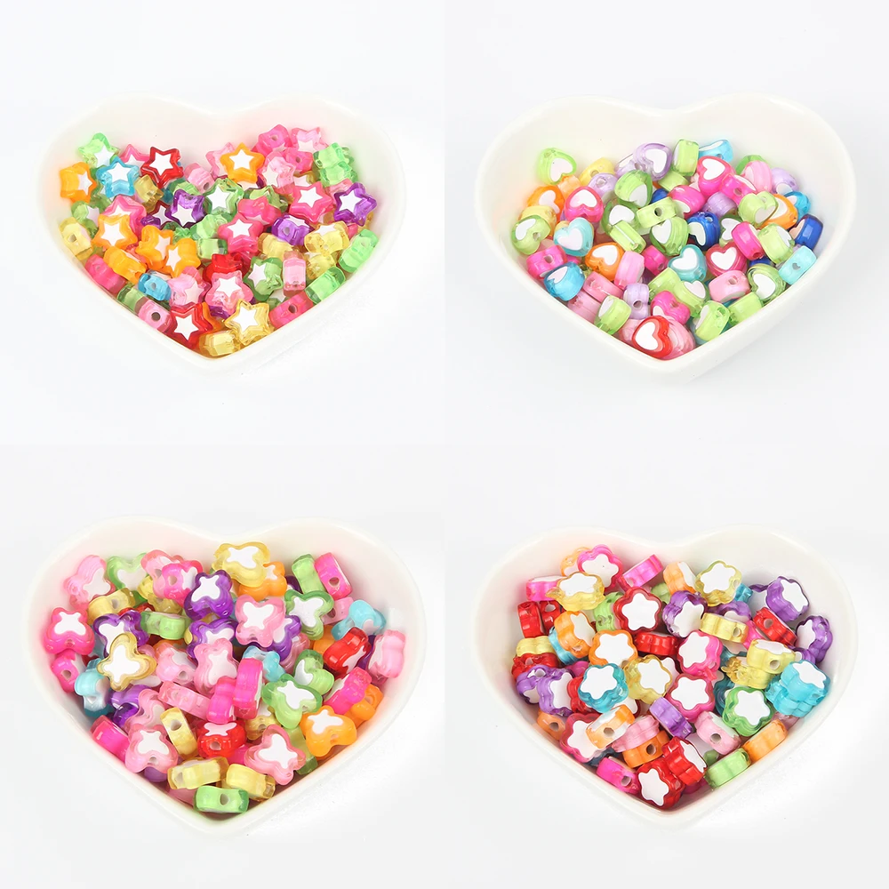 50pcs 8x8 10x10mm Acrylic Beads Heart Pentagram Butterfly Flower Mixed