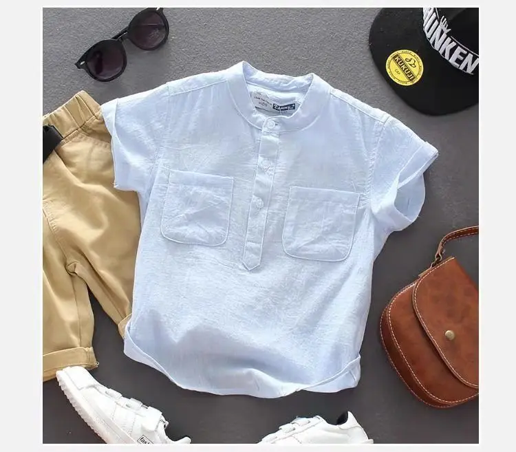 Boys Clothing Summer Cotton Fashion Thin Solid Color Round Neck Spliced Pocket Button Loose Casual Korean Version Polo Shirt