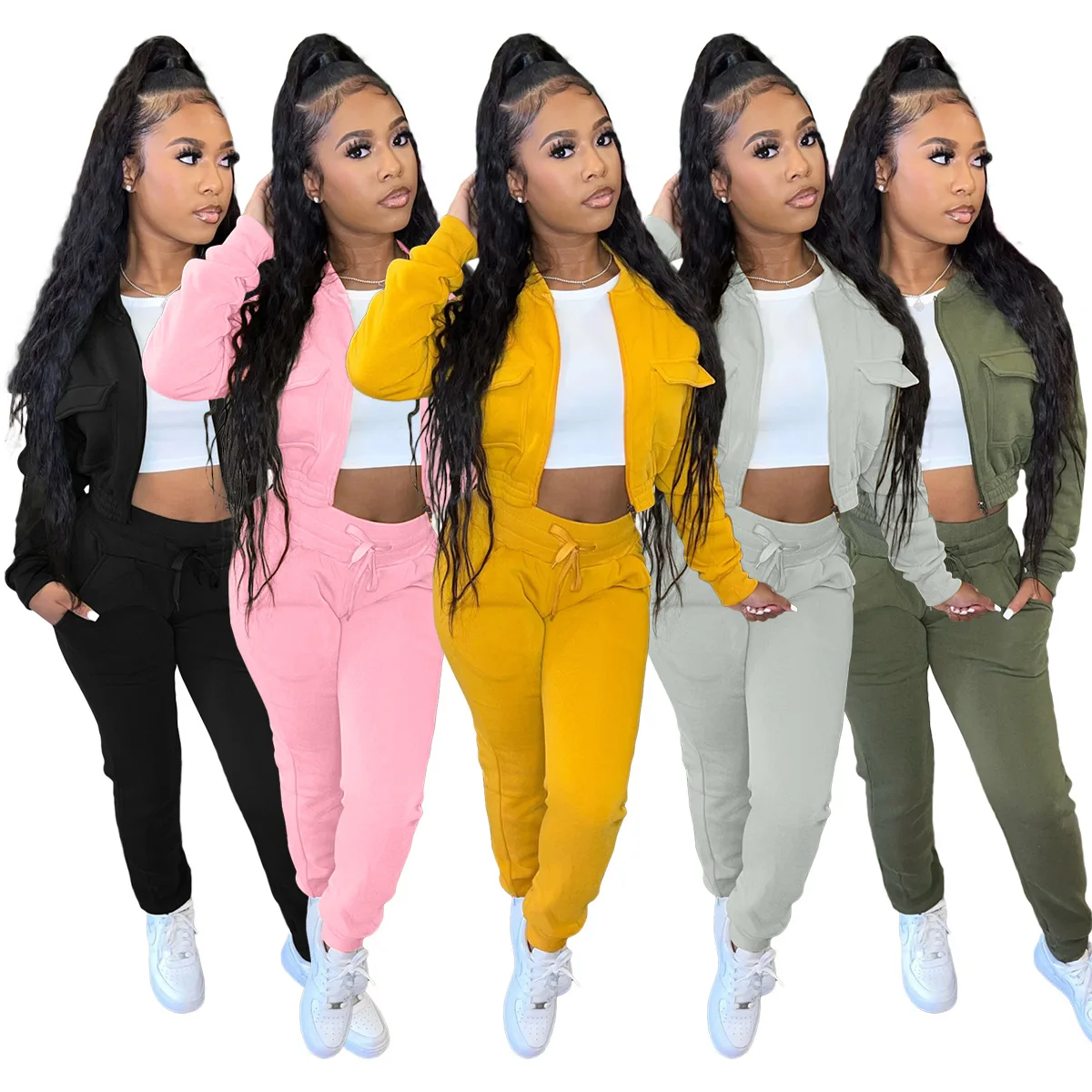 

Jacket Coat + Long Pants Solid Color Sportsuit Matching Set Clothes For Women Outfit Casaul Women Tracksuit Two Piece Set
