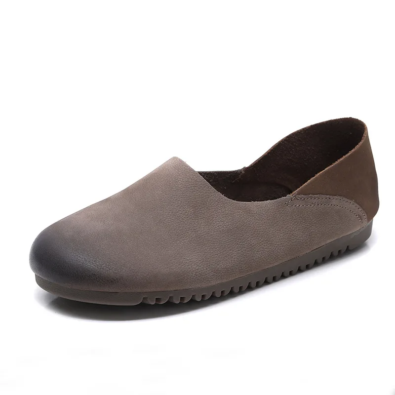 

Retro Leather Flat Loafers Simple Casual Cowhide Women's Shoes Old man shoes brown gray