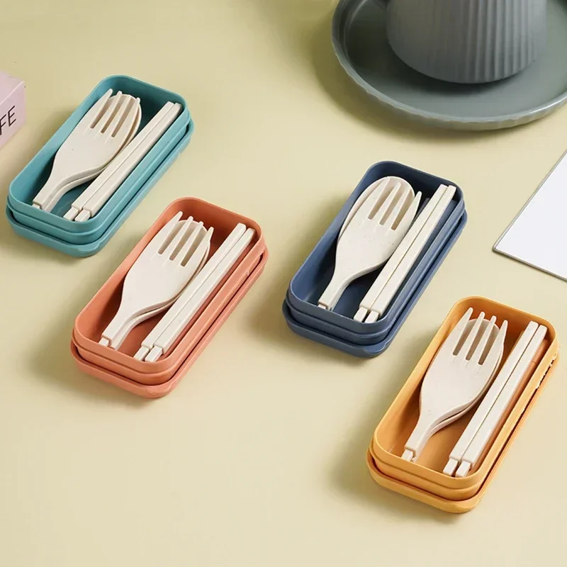 Wheat Straw Cutlery Students Spoons Forks Chopsticks With Box Tableware Travel Portable Travel Detachable Kitchen Accessories