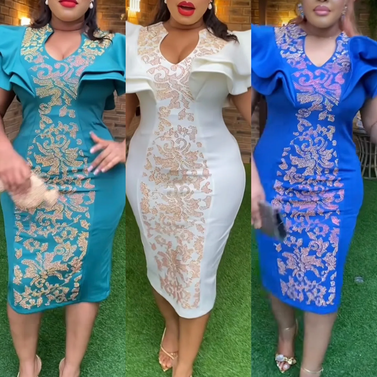 

Elegant African Dresses for Women 2023 New Ruffles Summer Fashion Office Lady Party Slim Midi Dress Sexy Bodycon Gown