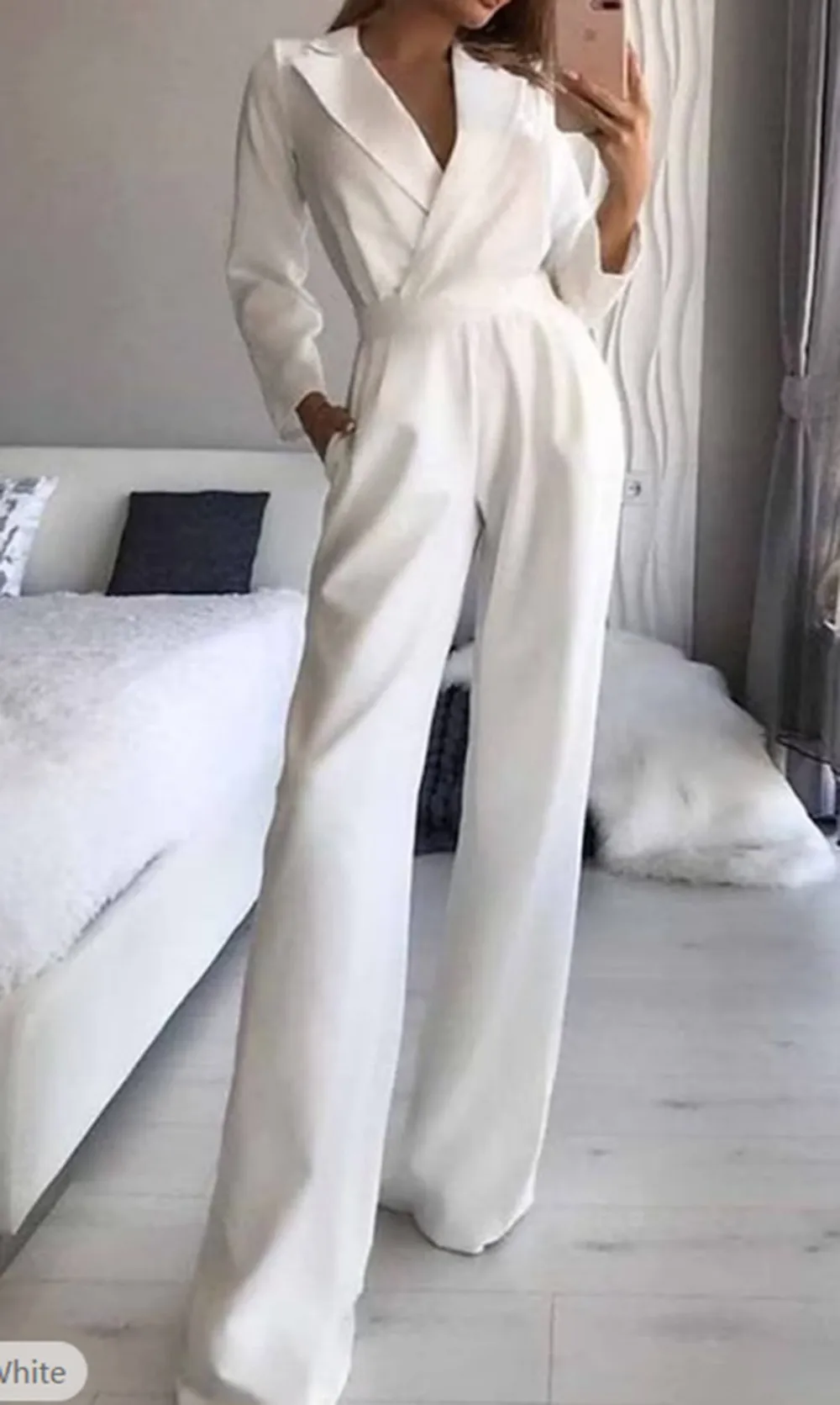 Fashion Long Sleeve Ladies Office Wear Jumpsuit Casual High Waist V-Neck Strap Slim Straight Wide Leg Pants Women'S Jumpsuit Rom
