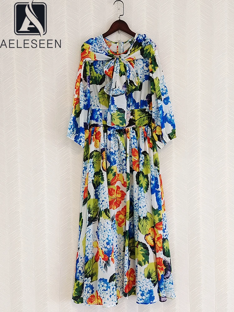 

AELESEEN Fashion Designer 2022 Spring Summer Chiffon Dress Women Flowers Printed Bow Lantern Sleeve High Quality Elegant