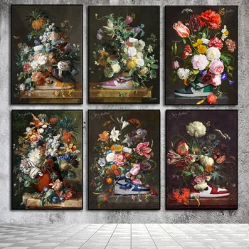 Vintage Still Life Fiori in scarpe da ginnastica Poster Stampa su tela Pittura Moda Wall Art per soggiorno moderno Decorazioni per la casa 1