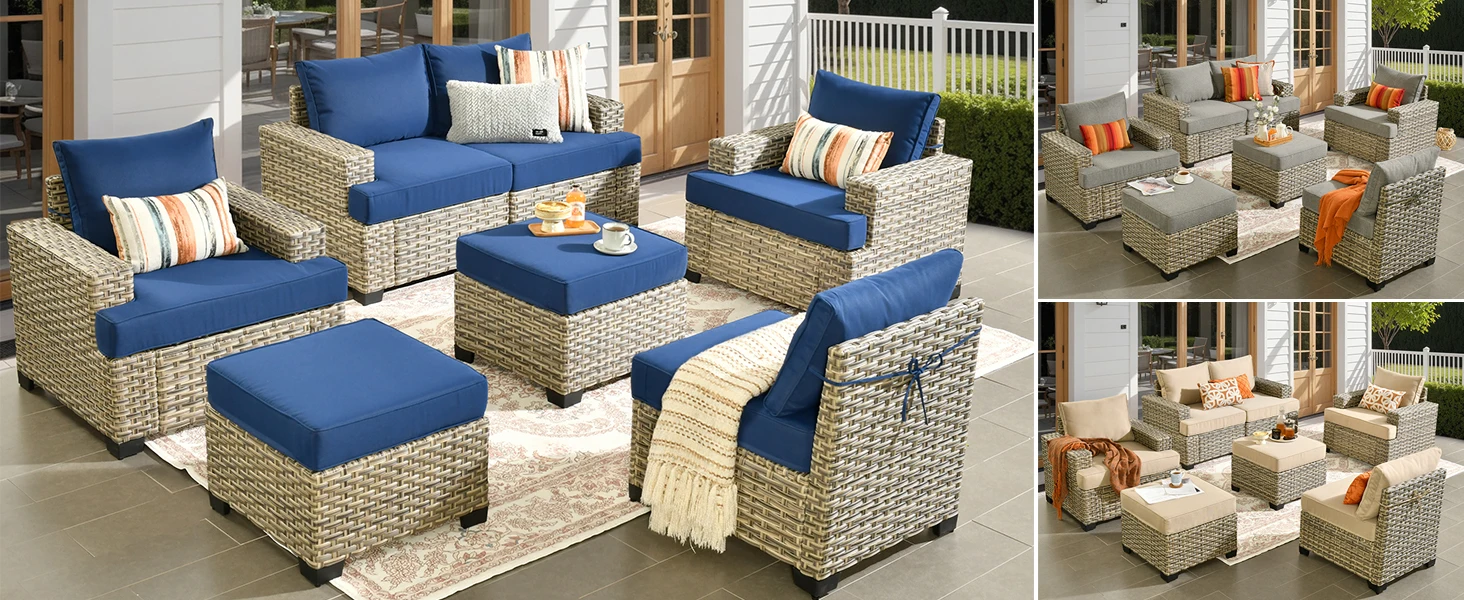7 pcs outdoor sectional with ottoman navy blue