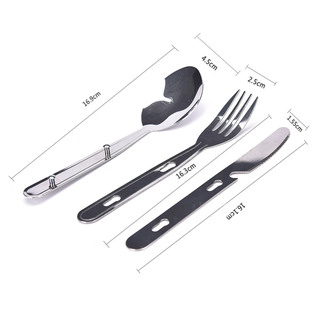 3Pcs Portable Outdoor Camping Survival Set Picnic Tableware Stainless Steel Folding Fork and Spoon Tab with Bag