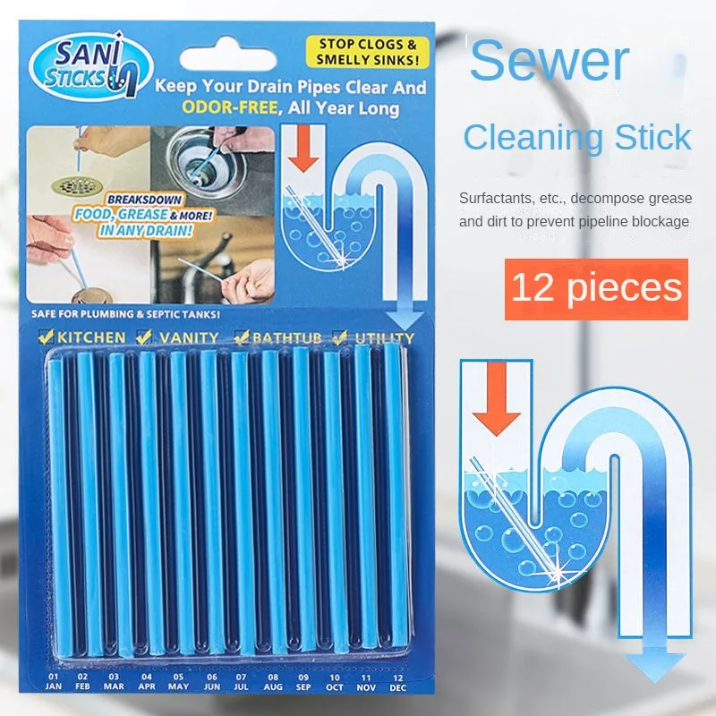 12pcs/set Sewer Cleaning Rod Sani Sticks Oil Decontamination Kitchen Toilet Bathtub Drain Cleaneer Spot Pipe Cleaner Clean