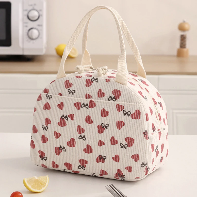 Cute Floral Corduroy Lunch Bag Thermal Insulation Bento Box Large Capacity Lunch Bag Handbag For Work School Picnic