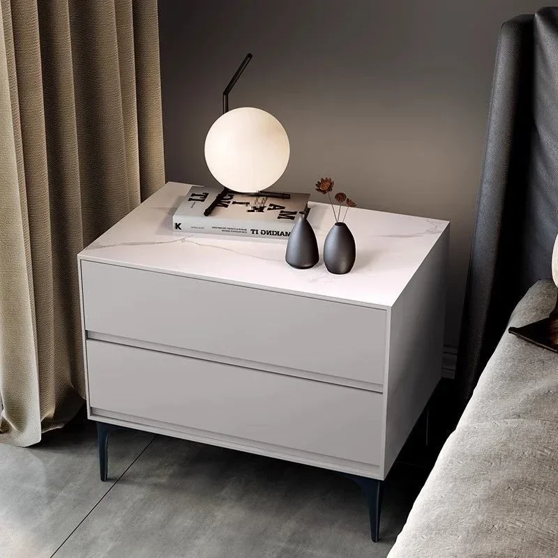 All Solid Wood Bedside Table Simple Modern Light Luxury Minimalist Lock Rock Slab Master Bedroom Home Black Bedside Table
