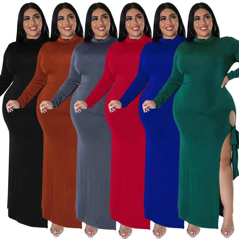 SOMO Plus Size Fall Clothing Women Long Sleeve Fashion High Slit Split Sexy  Hollow Out Long Maxi Dress Wholesale Dropshipping