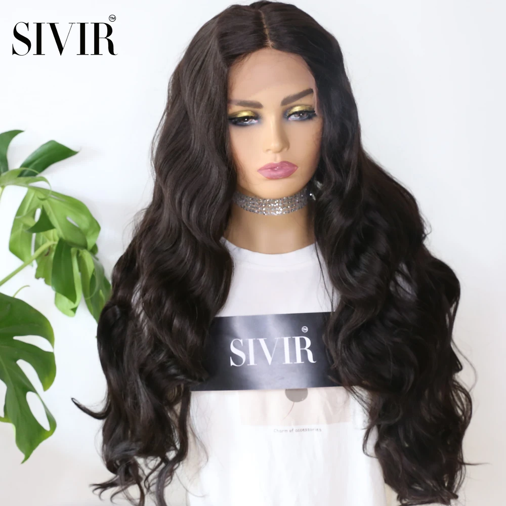 

Sivir Synthetic Hair 28inch Body Wave Lace Wigs for Women Black Color Glueless Lace Wigs with Natural Hairline